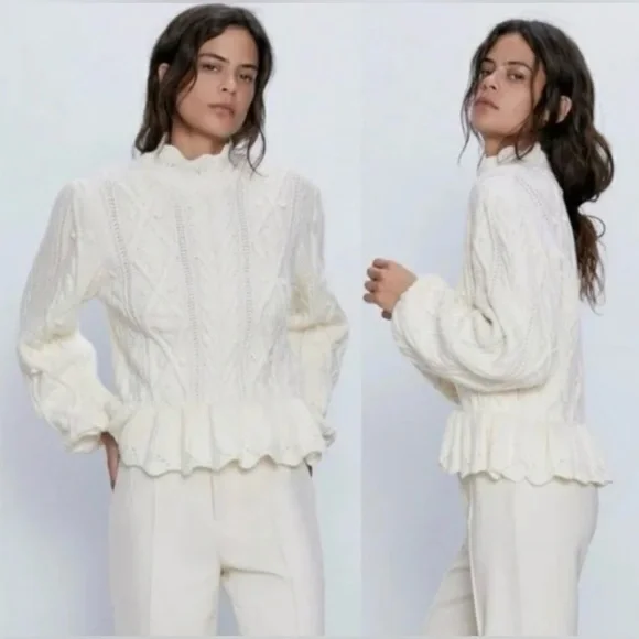 NWOT Zara Wool Blend Peplum Cable Knit Warm High Neck Cream Sweater Size Medium - Picture 1 of 13